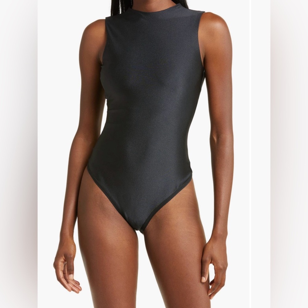 Skims Disco Shine Mock Neck Thong bodysuit in onyx size XS
